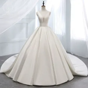 sd-hk A-Line V Neck Court Train Satin Long Sleeve Formal Plus Size Wedding Dresses