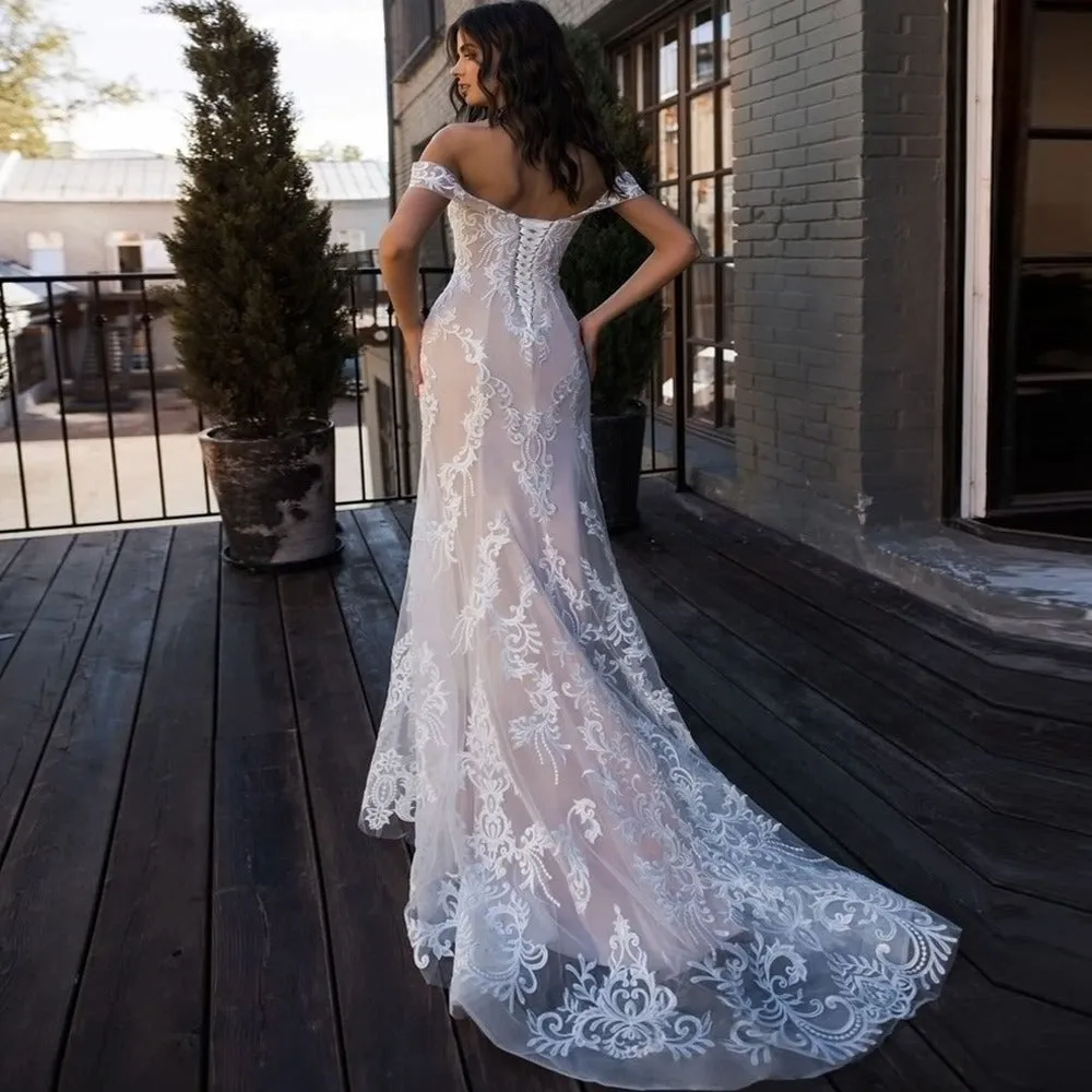 sd-hk Womens Charming Lace Vintage Gown Evening Party Wedding Dress