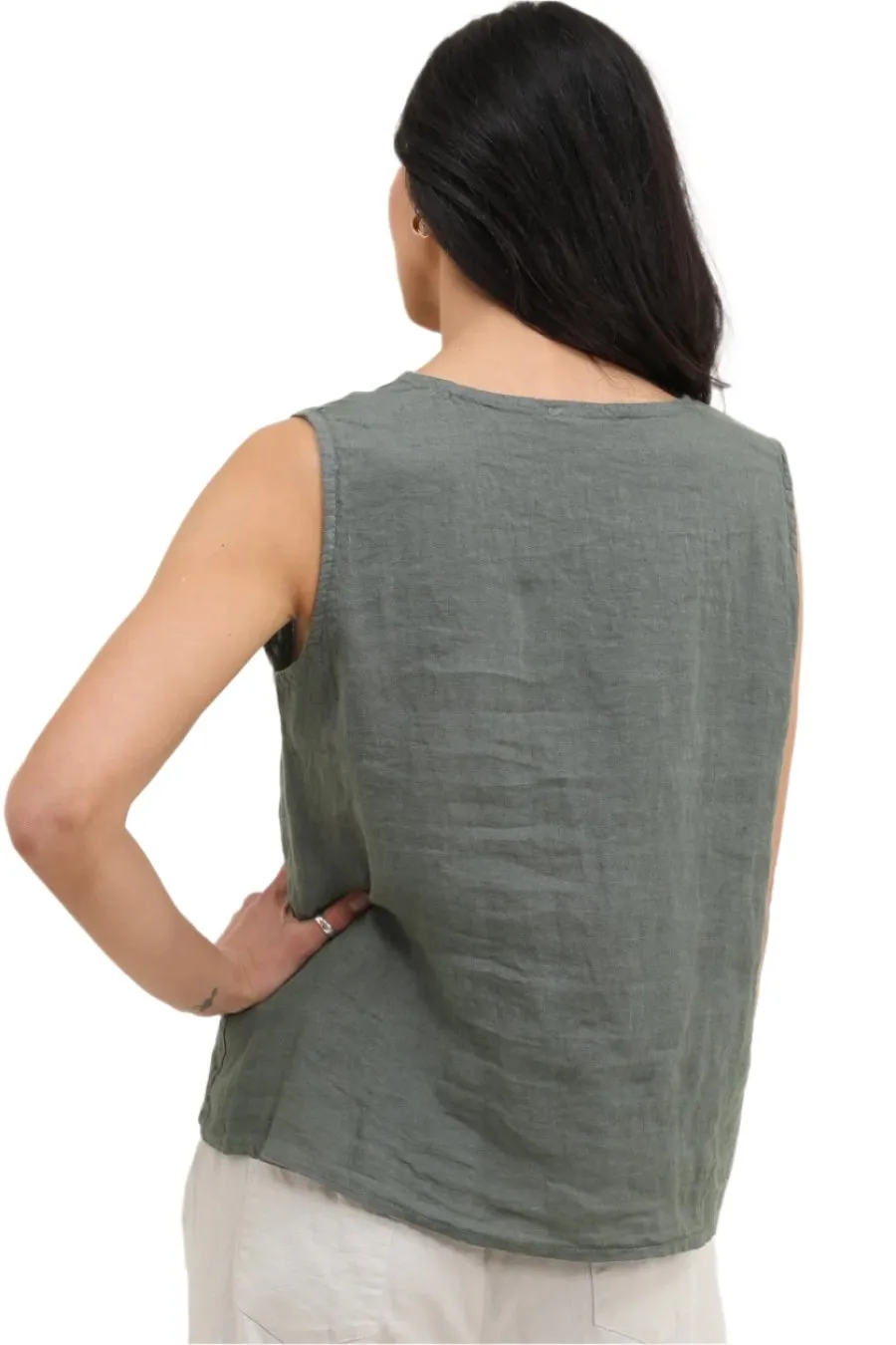 Short Linen Sleeveless Top Button Detail One Size