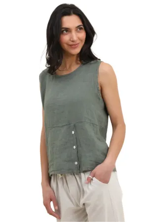 Short Linen Sleeveless Top Button Detail One Size