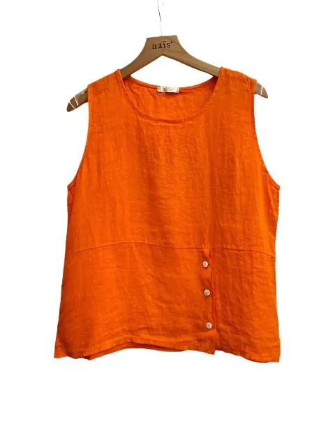 Short Linen Sleeveless Top Button Detail One Size