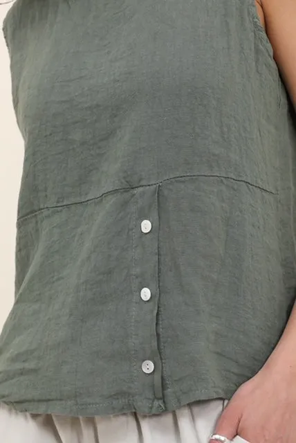 Short Linen Sleeveless Top Button Detail One Size