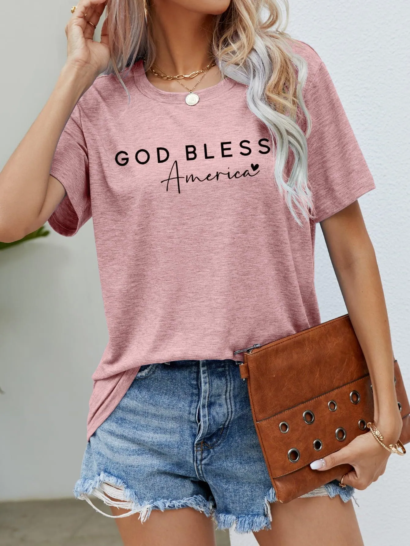 Simple Crew Neck God Bless America T Shirt