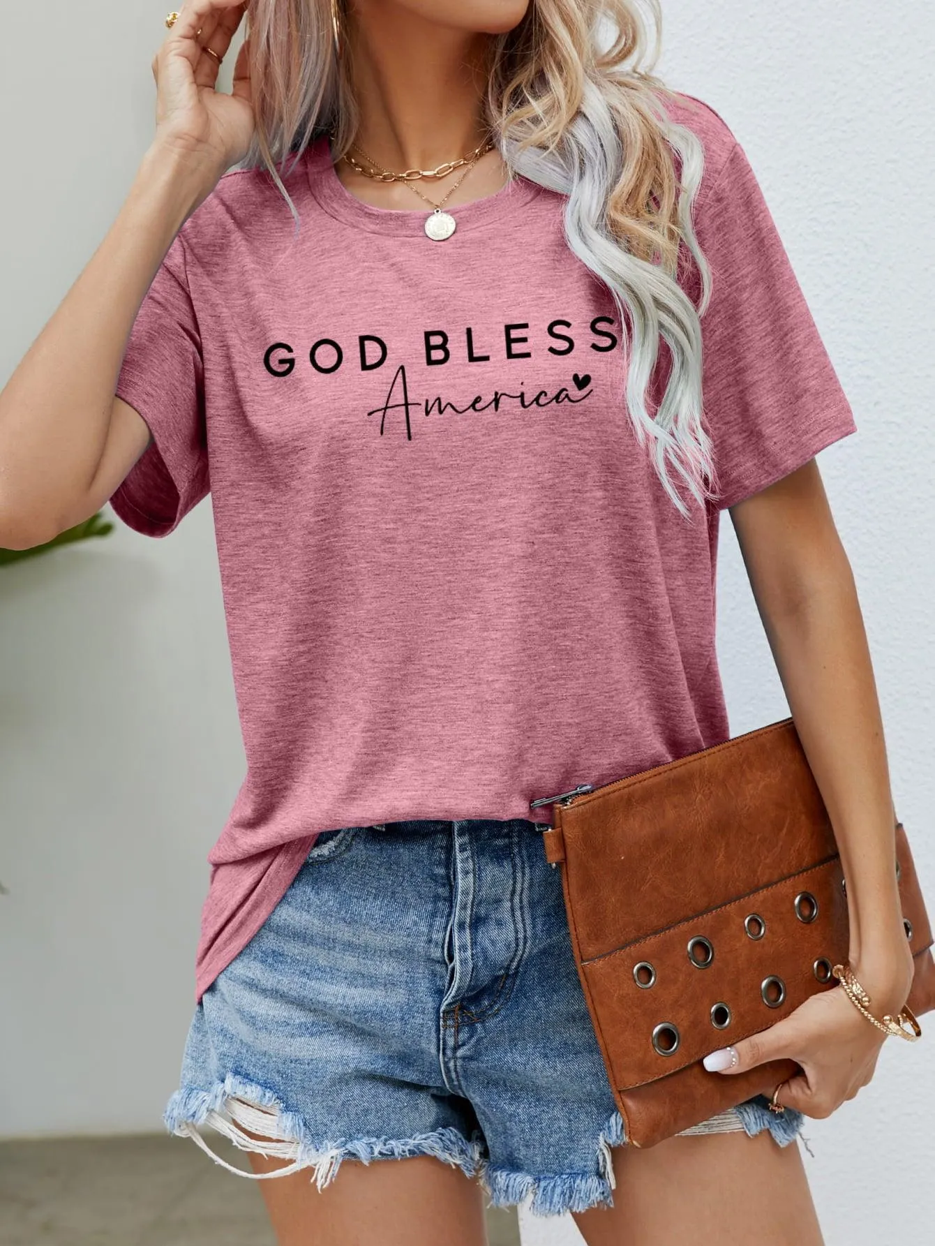 Simple Crew Neck God Bless America T Shirt
