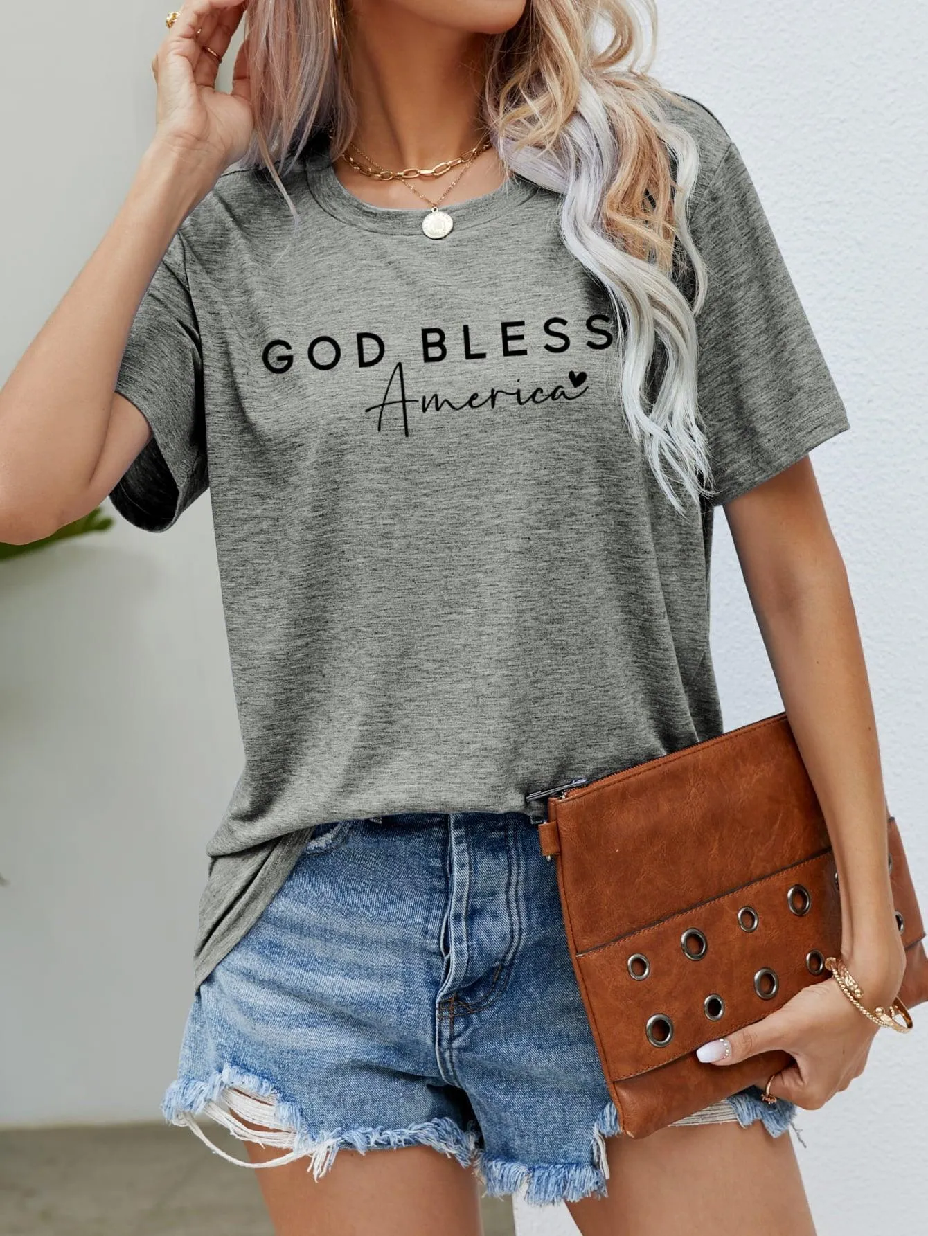 Simple Crew Neck God Bless America T Shirt