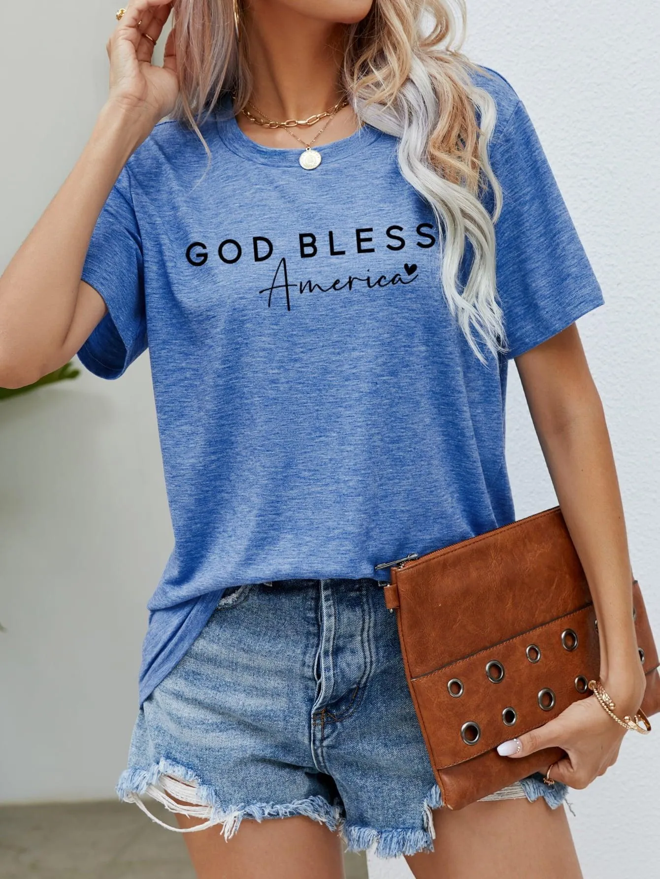 Simple Crew Neck God Bless America T Shirt