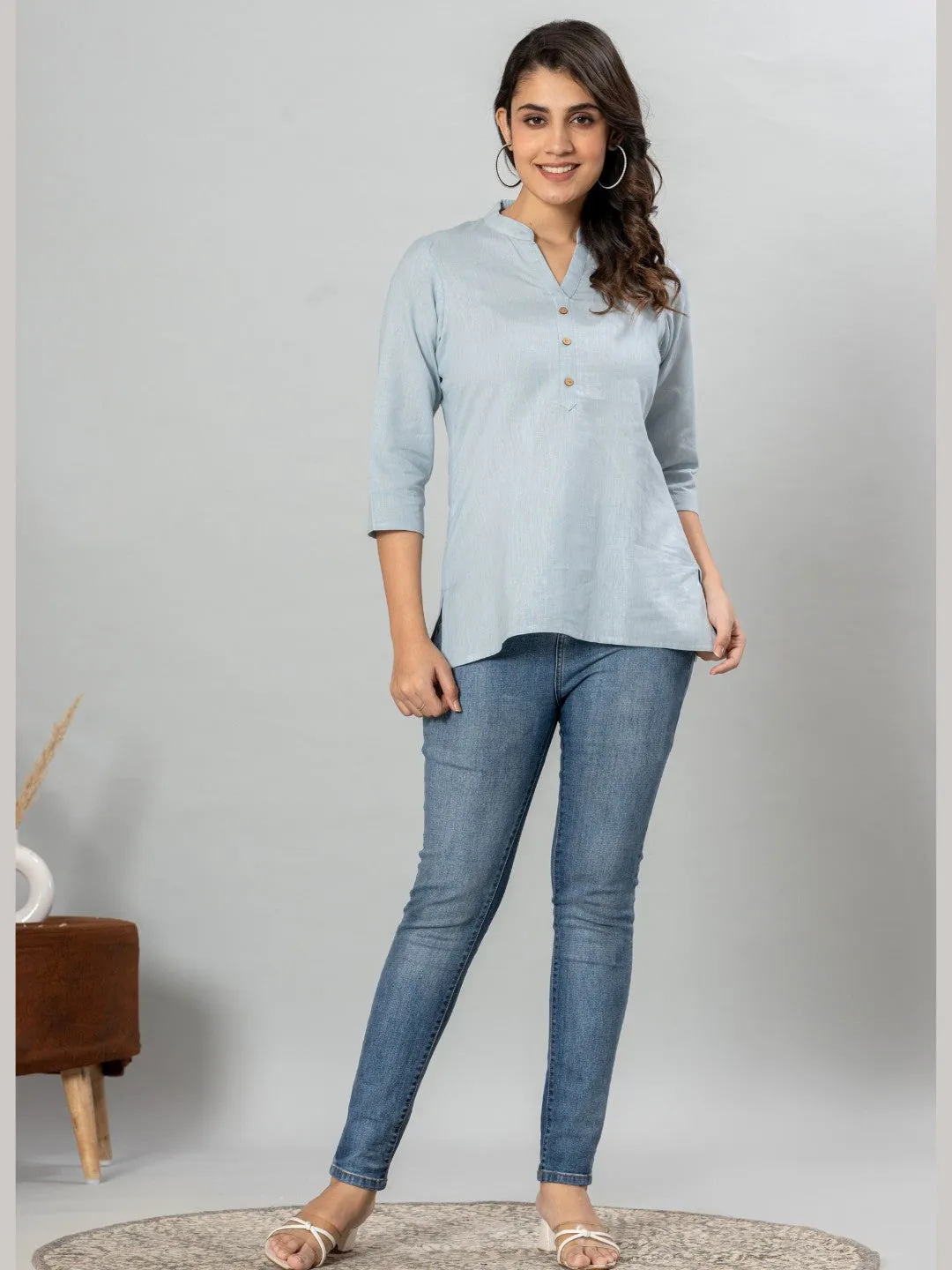 Solid Cotton Flax Women Top - Light Blue