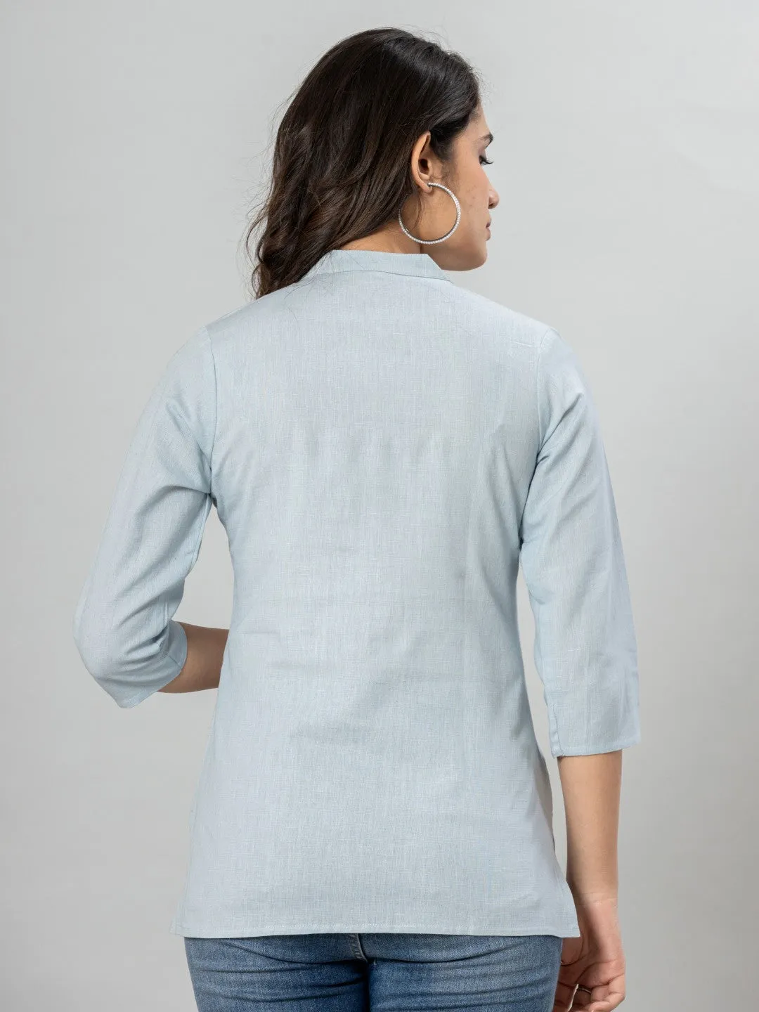Solid Cotton Flax Women Top - Light Blue