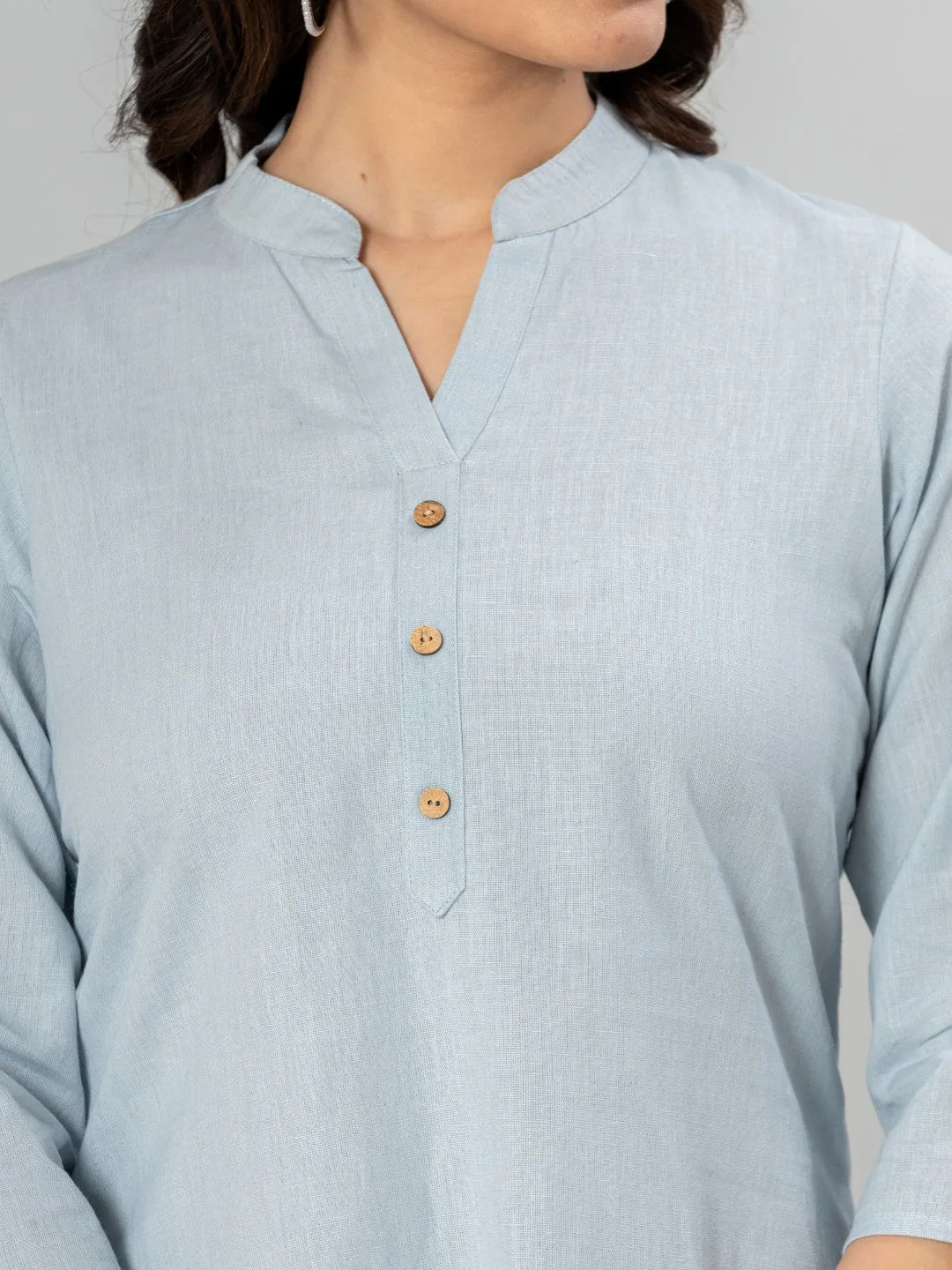 Solid Cotton Flax Women Top - Light Blue