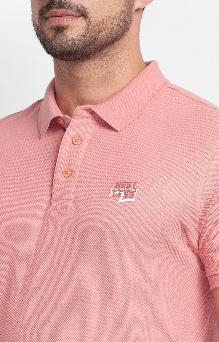 Spykar Peach Pink Cotton Half Sleeve Plain Casual Polo T-Shirt For Men