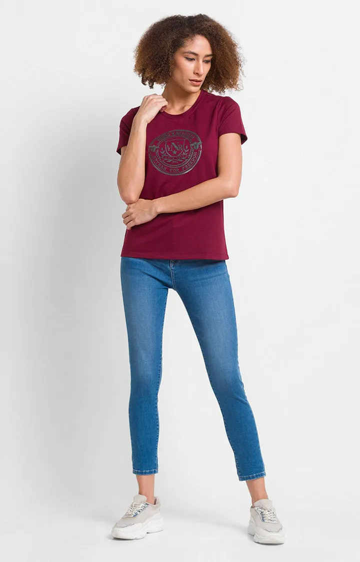 Spykar Wine Cotton Blend Full Sleeve Plain Casual T-Shirt For Women