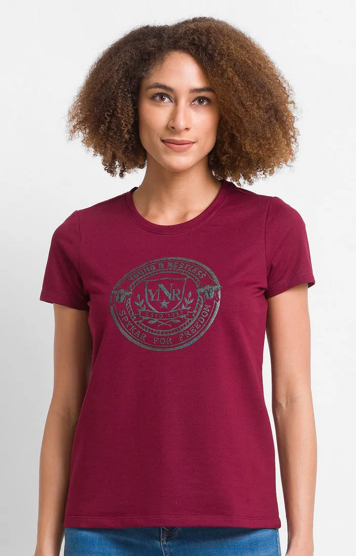 Spykar Wine Cotton Blend Full Sleeve Plain Casual T-Shirt For Women