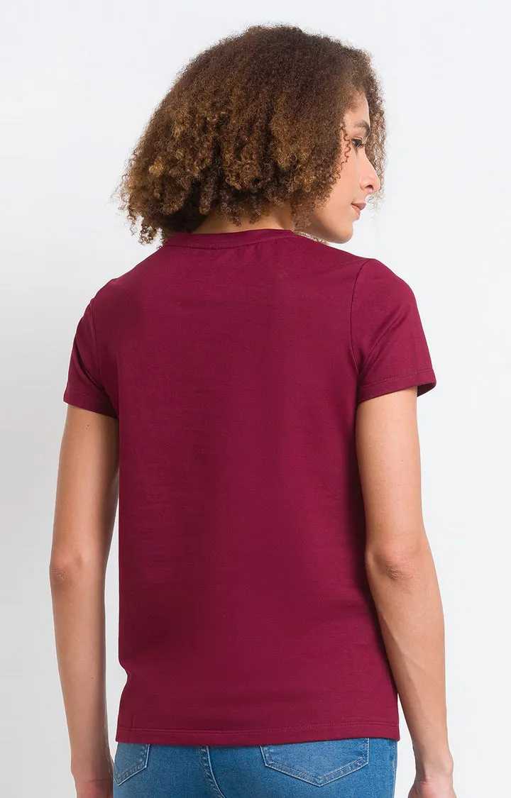 Spykar Wine Cotton Blend Full Sleeve Plain Casual T-Shirt For Women