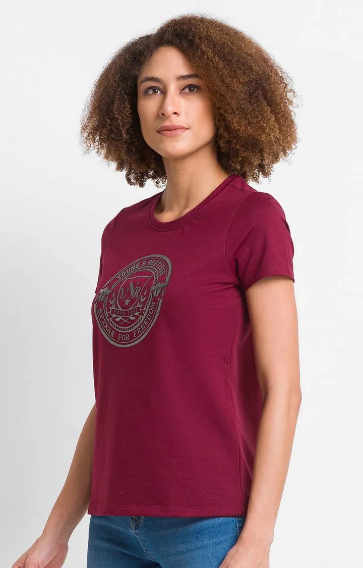 Spykar Wine Cotton Blend Full Sleeve Plain Casual T-Shirt For Women