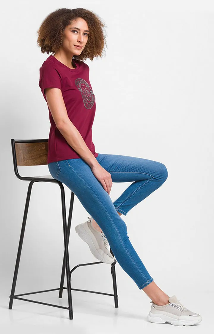 Spykar Wine Cotton Blend Full Sleeve Plain Casual T-Shirt For Women