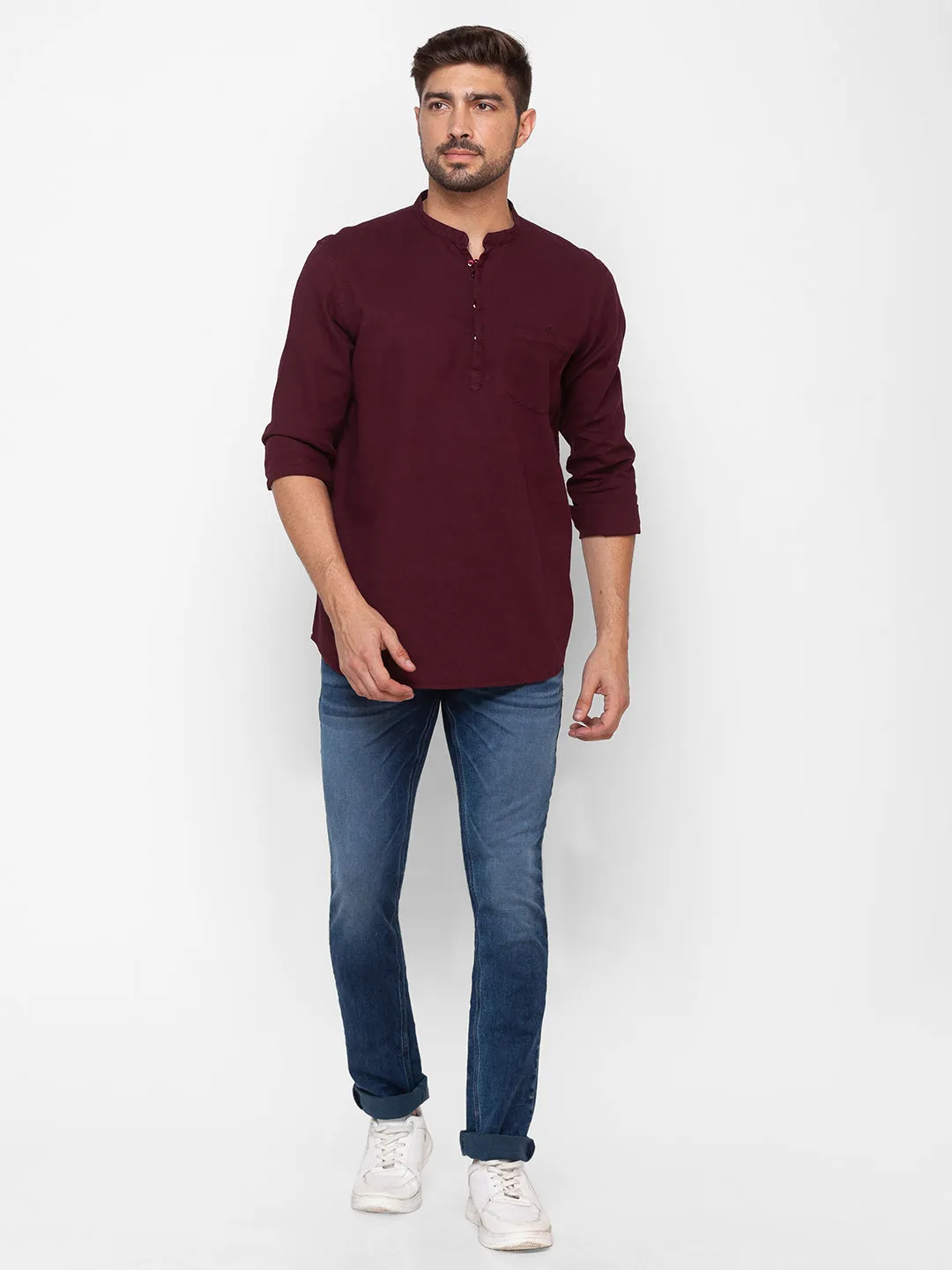 Spykar Wine Red Cotton Full Sleeve Plain Shirt For Men