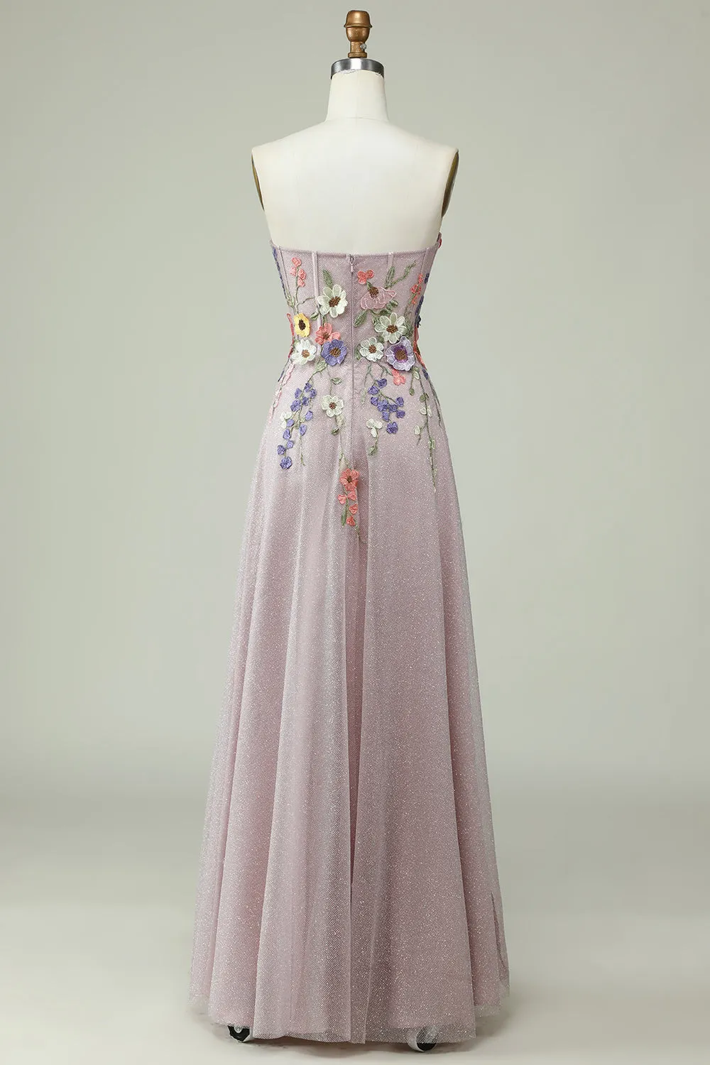 Strapless A Line Prom Dress with 3D Flowers