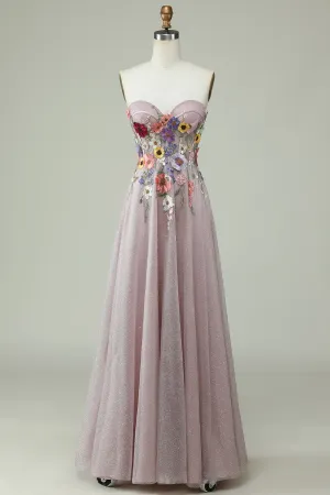 Strapless A Line Prom Dress with 3D Flowers