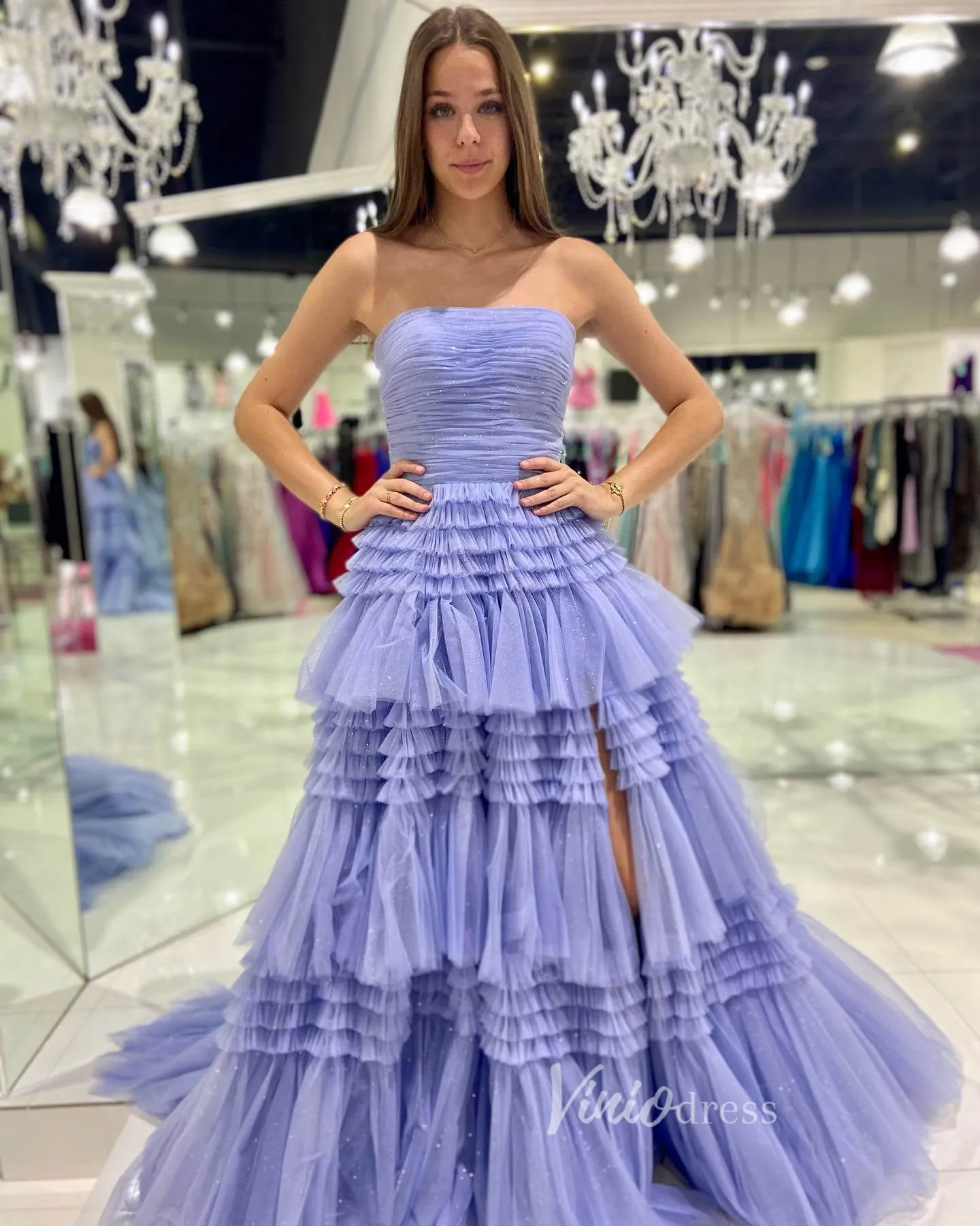 Strapless Ruffle Prom Dresses with Slit Sparkly Tulle Formal Dress FD2993S