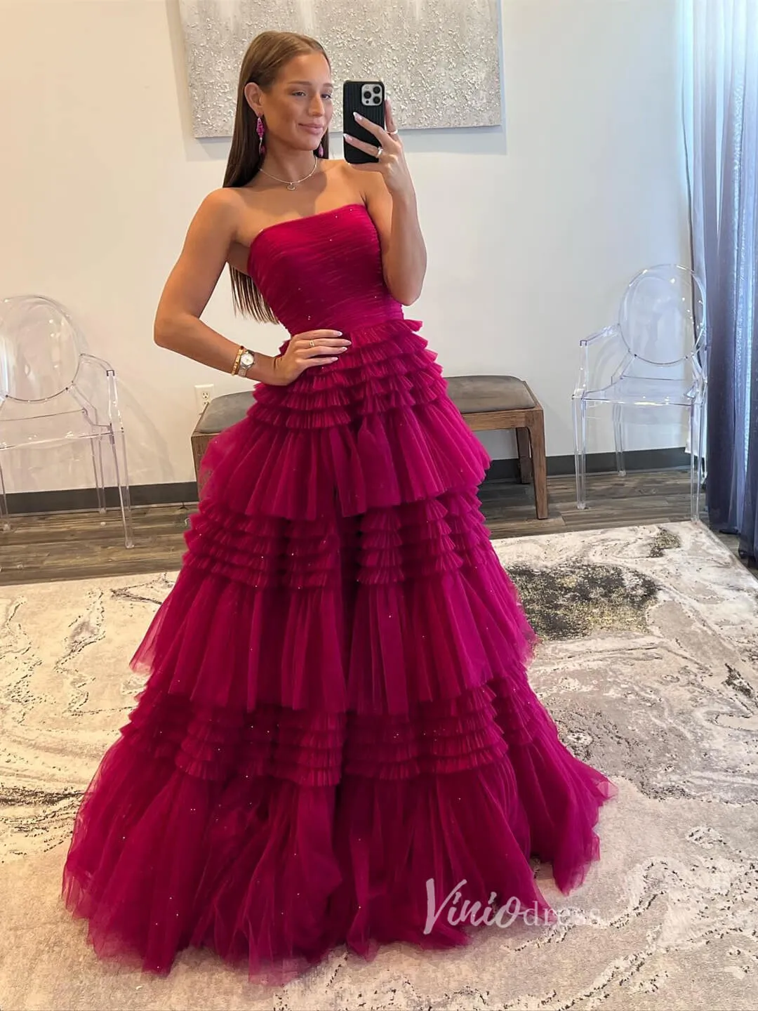 Strapless Ruffle Prom Dresses with Slit Sparkly Tulle Formal Dress FD2993S