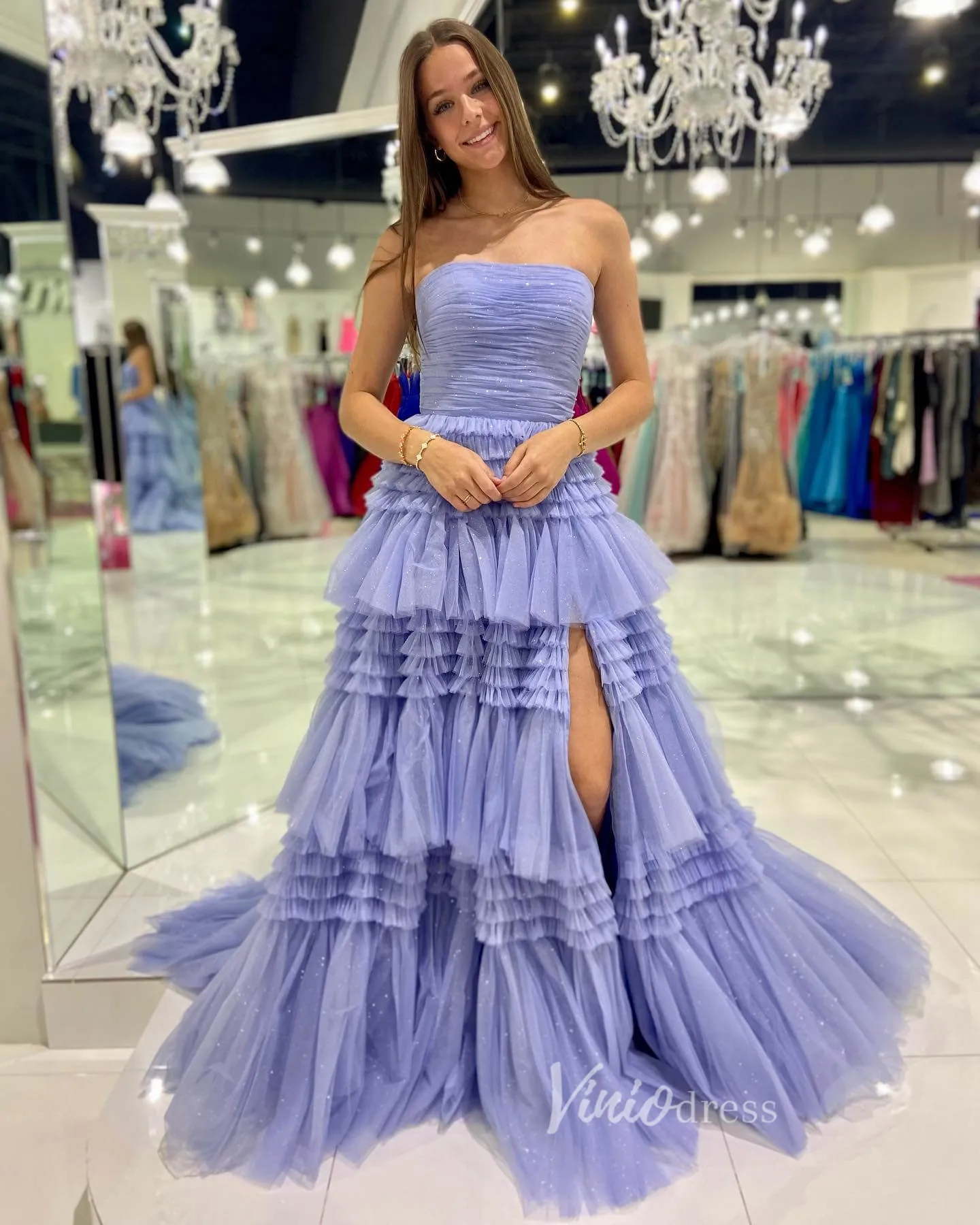 Strapless Ruffle Prom Dresses with Slit Sparkly Tulle Formal Dress FD2993S