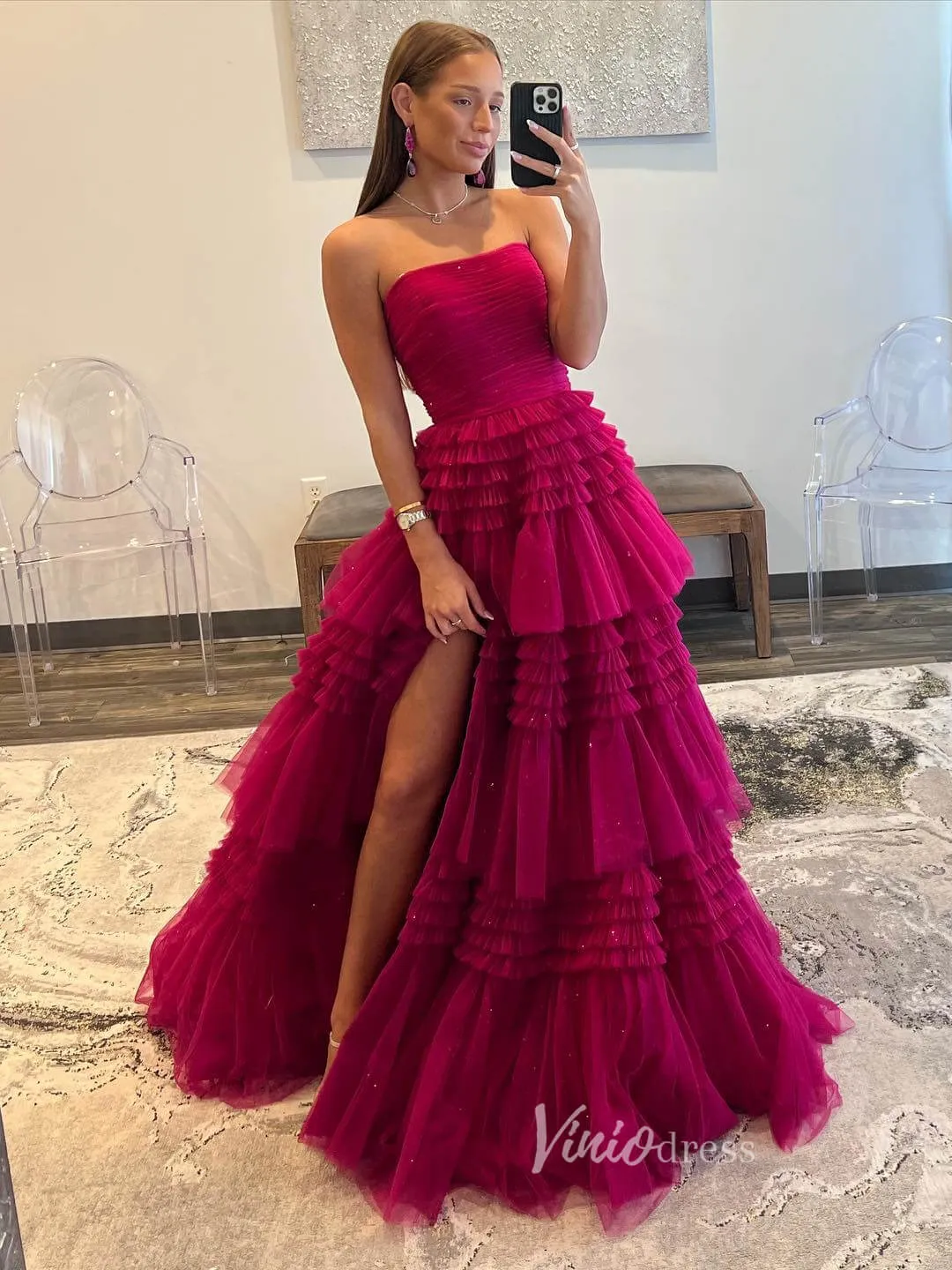 Strapless Ruffle Prom Dresses with Slit Sparkly Tulle Formal Dress FD2993S