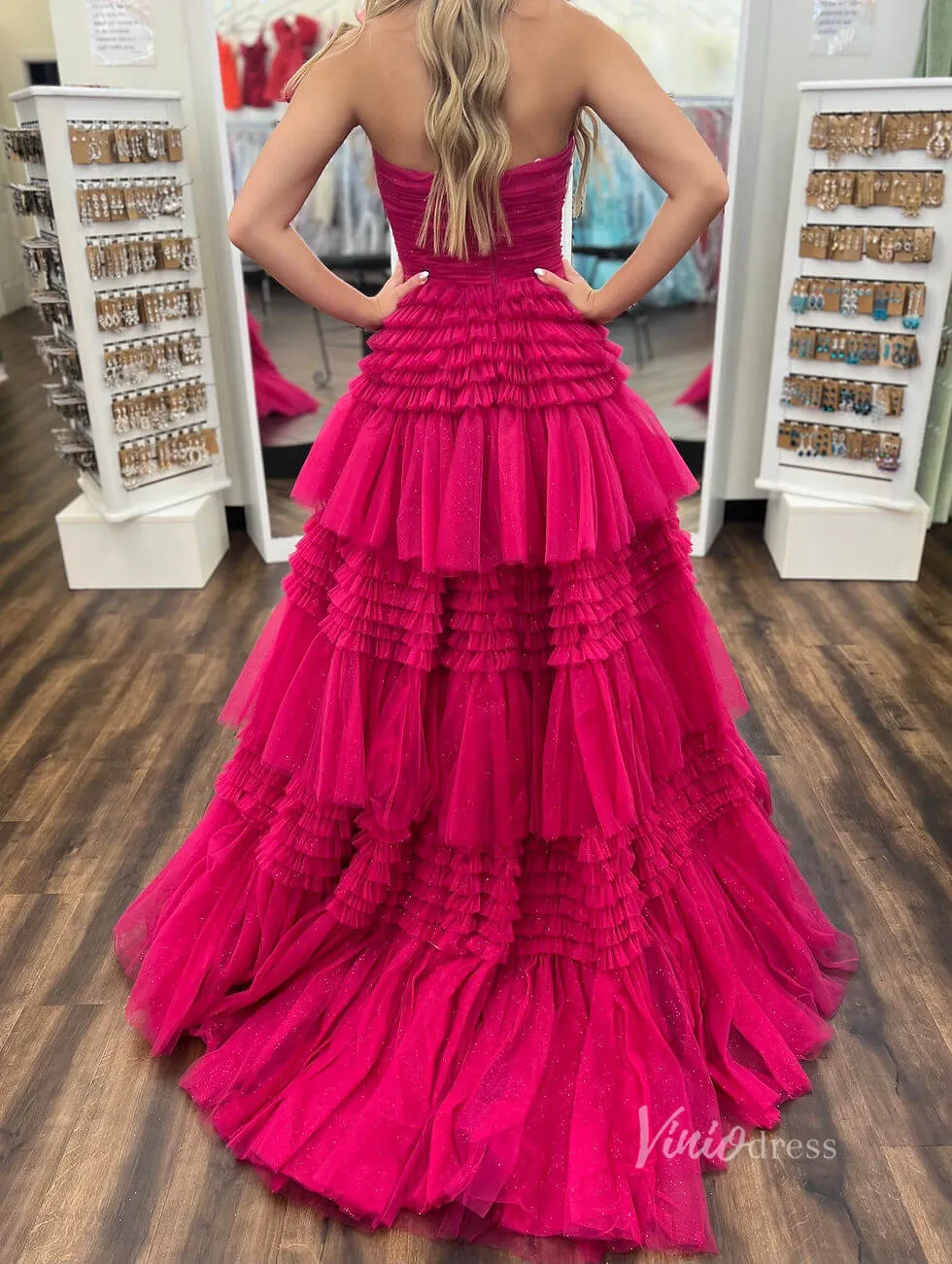Strapless Ruffle Prom Dresses with Slit Sparkly Tulle Formal Dress FD2993S
