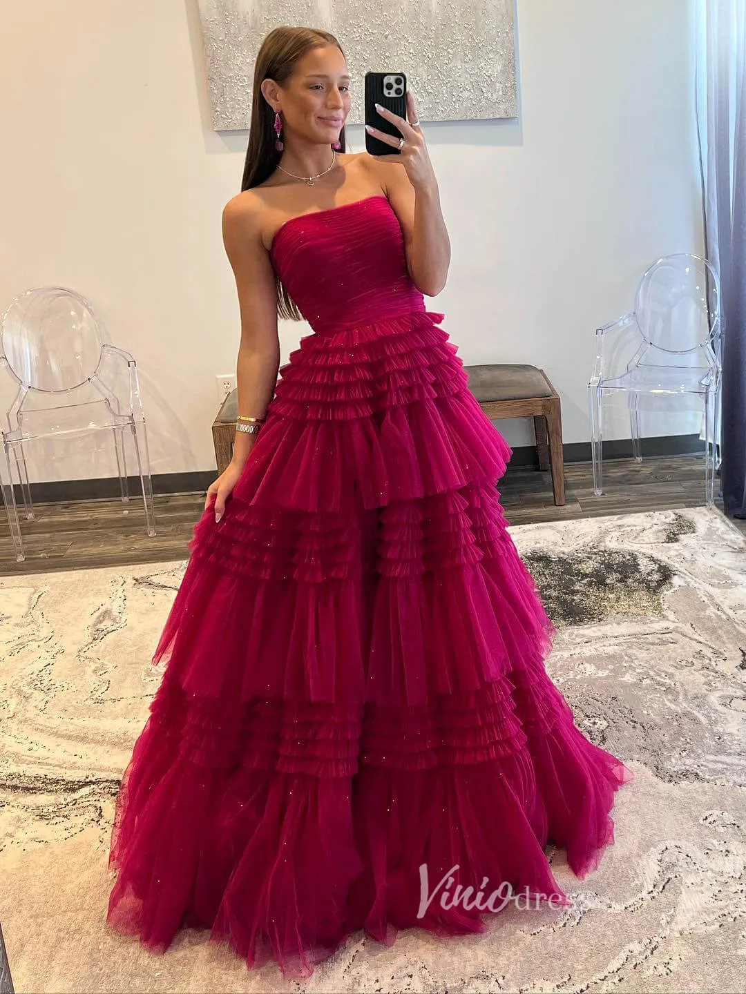 Strapless Ruffle Prom Dresses with Slit Sparkly Tulle Formal Dress FD2993S