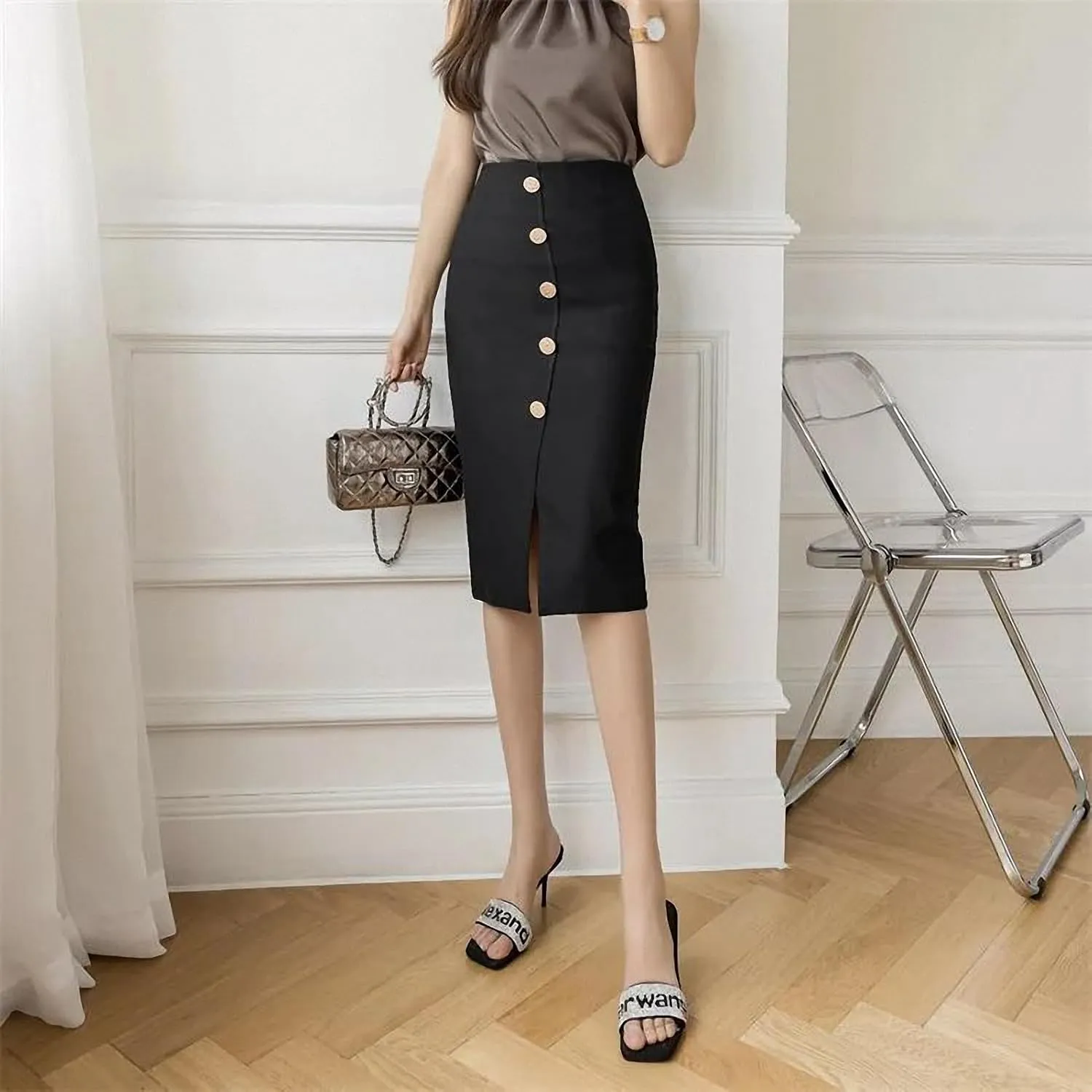Stretch Women Slim Package Hip Skirts Office Lady Elegant Breasted Casual Bodycon Solid Pencil Skirts