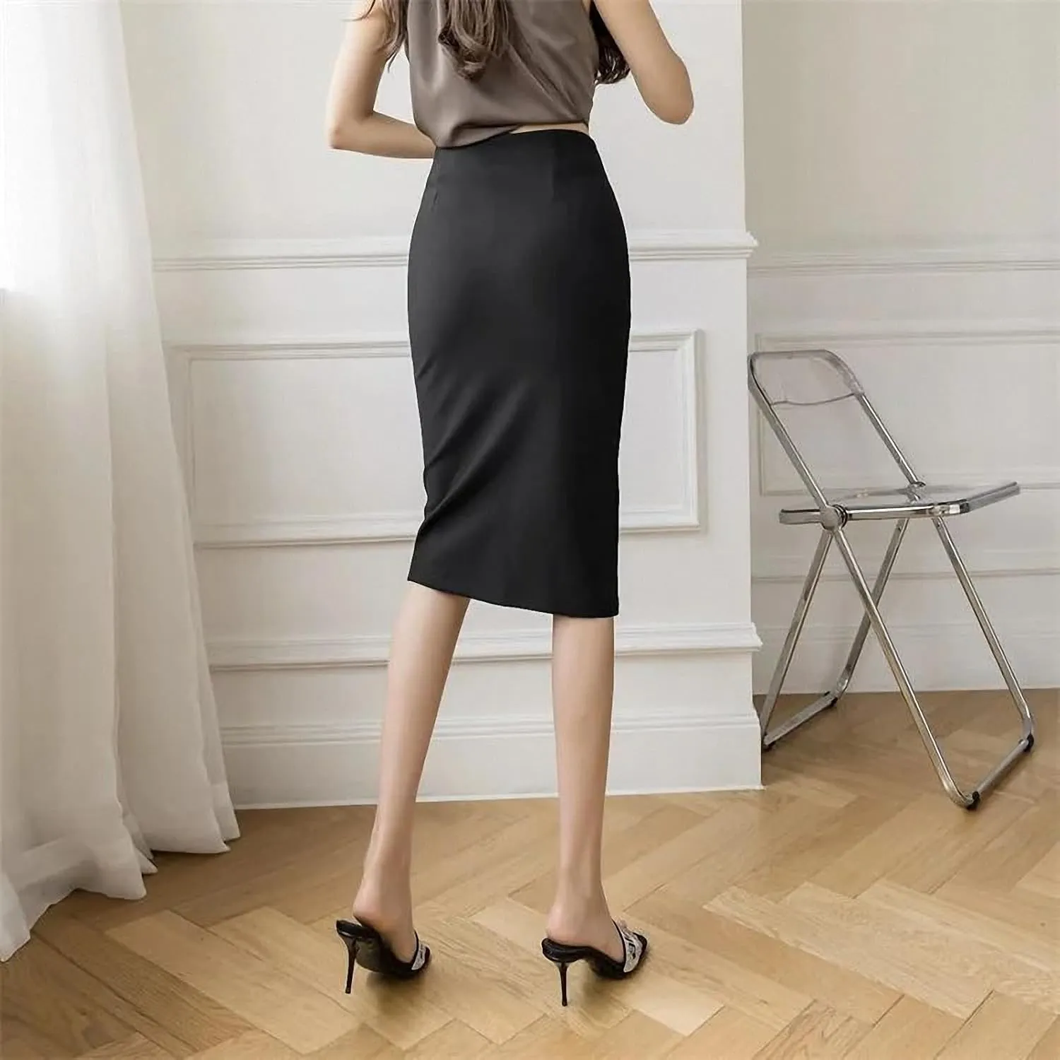 Stretch Women Slim Package Hip Skirts Office Lady Elegant Breasted Casual Bodycon Solid Pencil Skirts