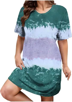 Summer Dress for Women Plus Size Short Sleeve Tie Dye Dress Loose Shirt Dress Causal Holiday Party Dress