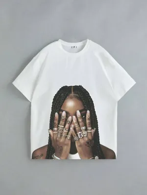 SXV Casual Simple Hip-Hop Fingerprint & Portrait Print Loose Round Neck Short Sleeve T-Shirt For Women