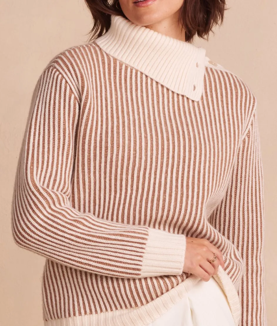 The Luxe Cashmere Blend Two-Tone Button Neck Sweater - Fawn & Dune