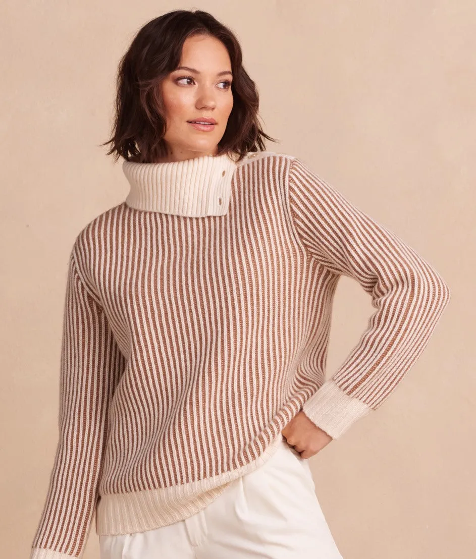 The Luxe Cashmere Blend Two-Tone Button Neck Sweater - Fawn & Dune