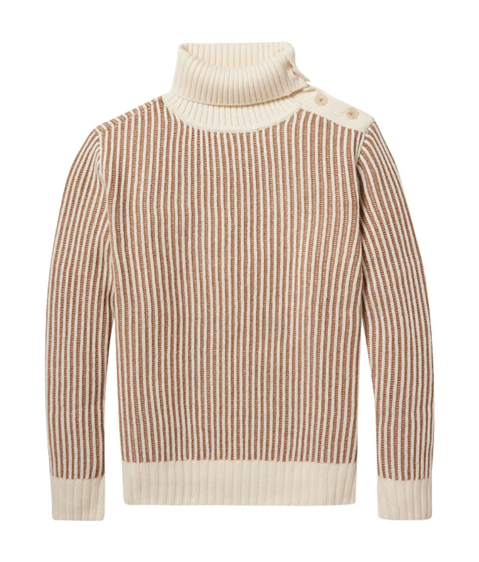 The Luxe Cashmere Blend Two-Tone Button Neck Sweater - Fawn & Dune