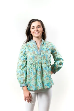 The Morley Cotton Block Print Top in Soft Green