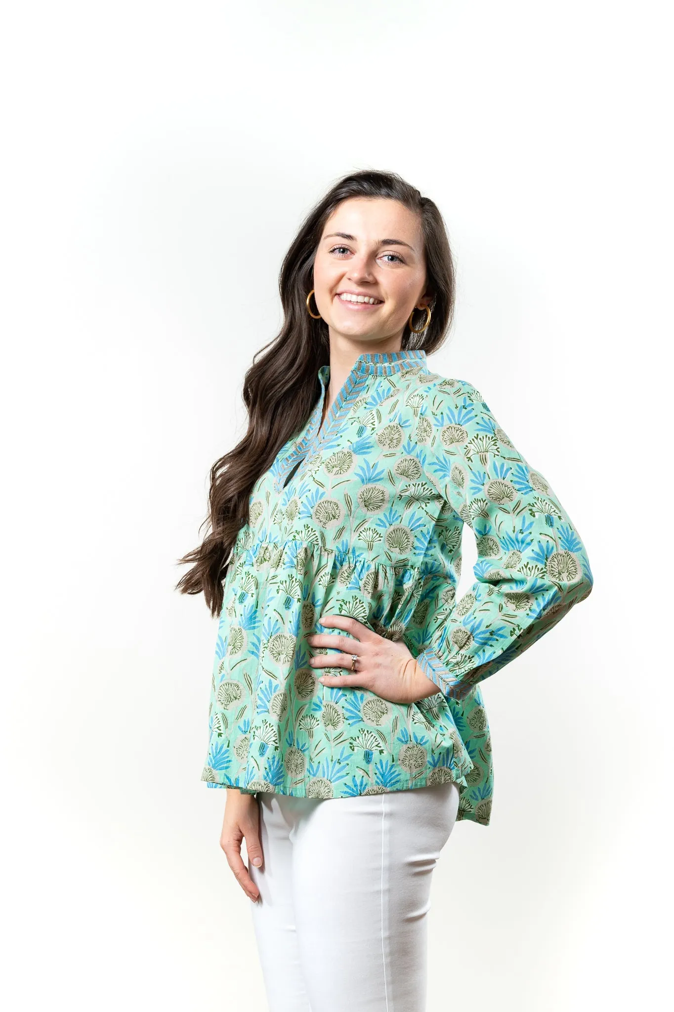 The Morley Cotton Block Print Top in Soft Green