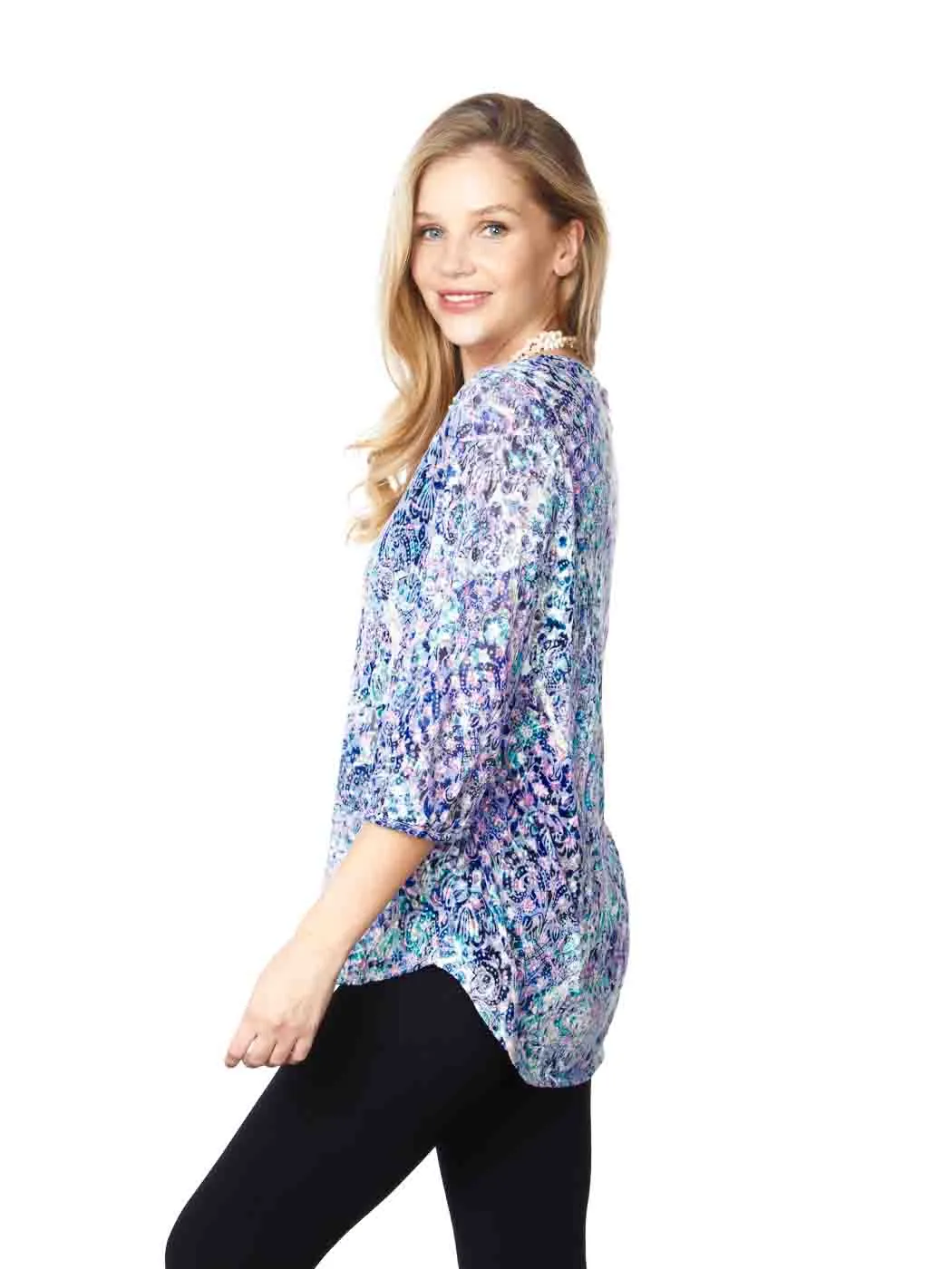 Tianello "Hermosa" Print  Knit Cotton Burnout "Teylyne" Blouse