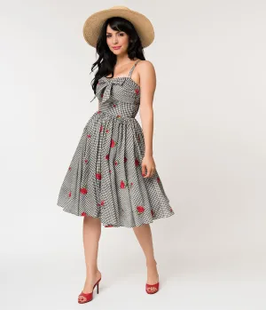 Unique Vintage 1950s Black & White Gingham Roses Print Golightly Swing Dress