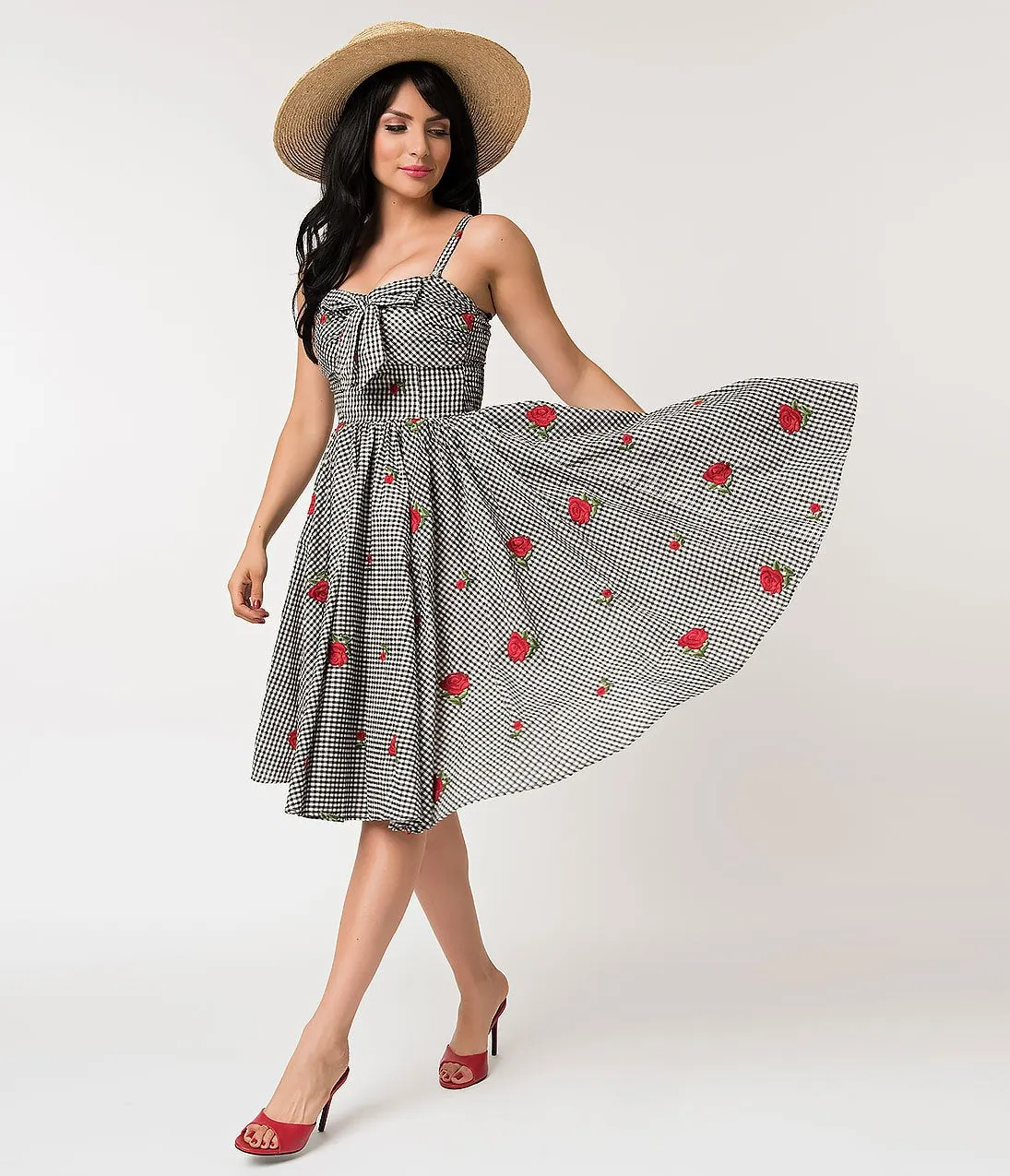 Unique Vintage 1950s Black & White Gingham Roses Print Golightly Swing Dress