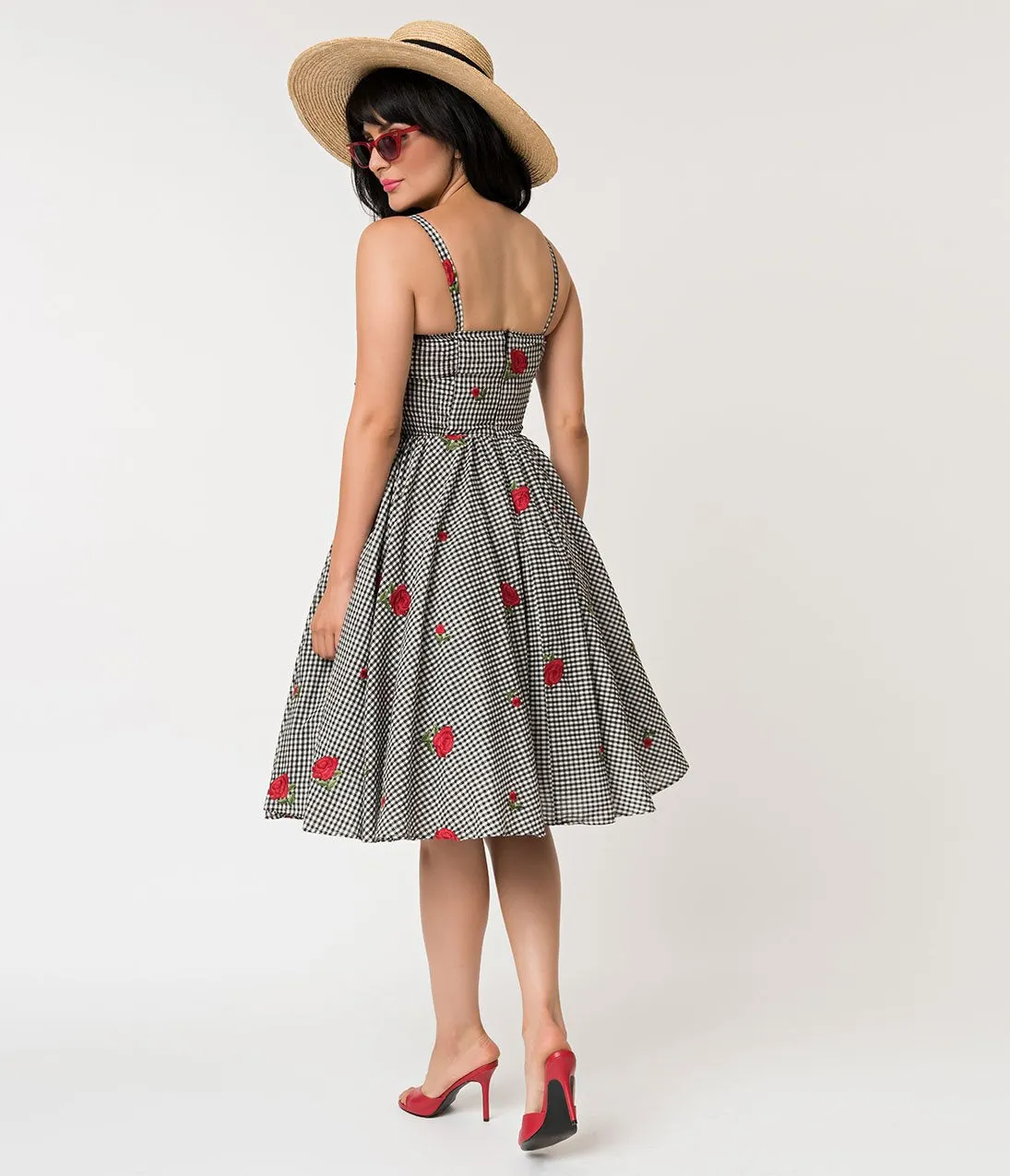 Unique Vintage 1950s Black & White Gingham Roses Print Golightly Swing Dress
