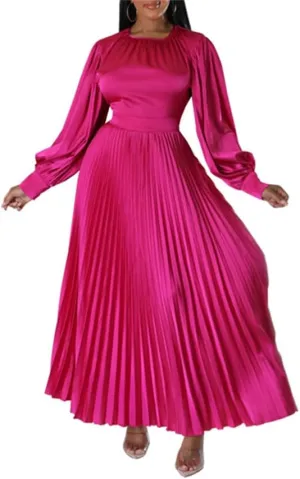 Useagrey Plus Size Dresses for Curvy Women Formal Long Sleeve Crew Neck Solid Color High Waist Ruffle Date Dinner Long Dress