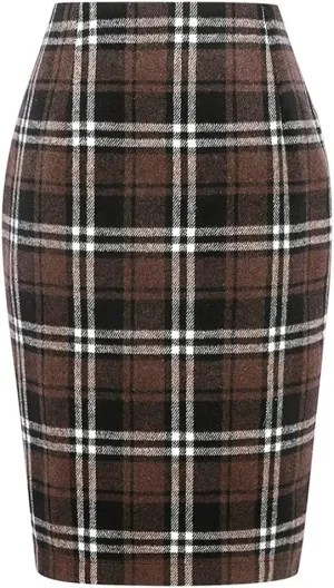 Women Preppy Style and Office Pencil Plaid Skirt Slim Fit Pencil Mini Skirt