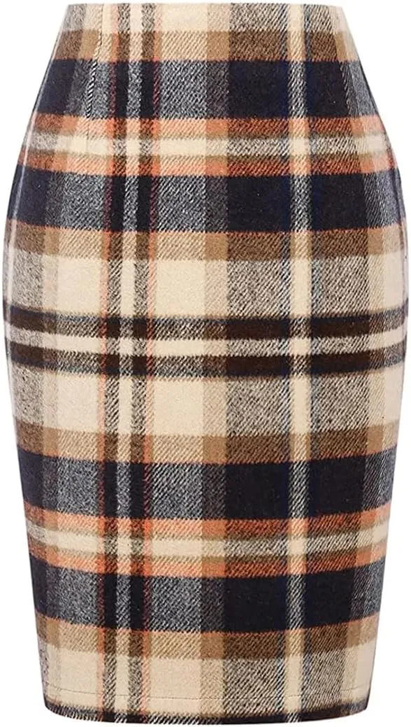 Women Preppy Style and Office Pencil Plaid Skirt Slim Fit Pencil Mini Skirt