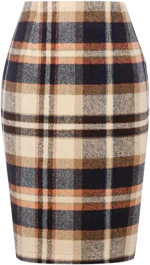 Women Preppy Style and Office Pencil Plaid Skirt Slim Fit Pencil Mini Skirt