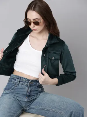 Women Teal Corduroy Crop Tailored Jacket