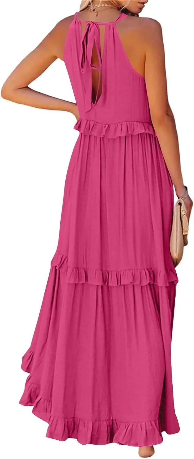 Women's Beach Vacation Clothes Summer Casual Loose Trendy Sleeveless Solid Color Flowy Maxi Sun Dress Plus Size, S-2XL