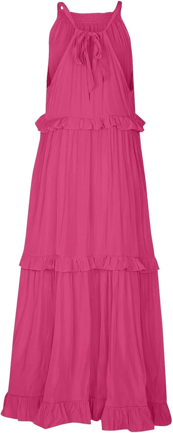 Women's Beach Vacation Clothes Summer Casual Loose Trendy Sleeveless Solid Color Flowy Maxi Sun Dress Plus Size, S-2XL