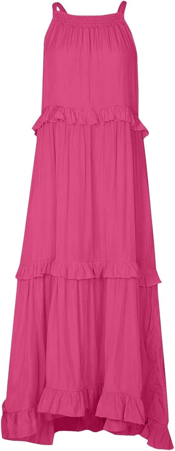 Women's Beach Vacation Clothes Summer Casual Loose Trendy Sleeveless Solid Color Flowy Maxi Sun Dress Plus Size, S-2XL