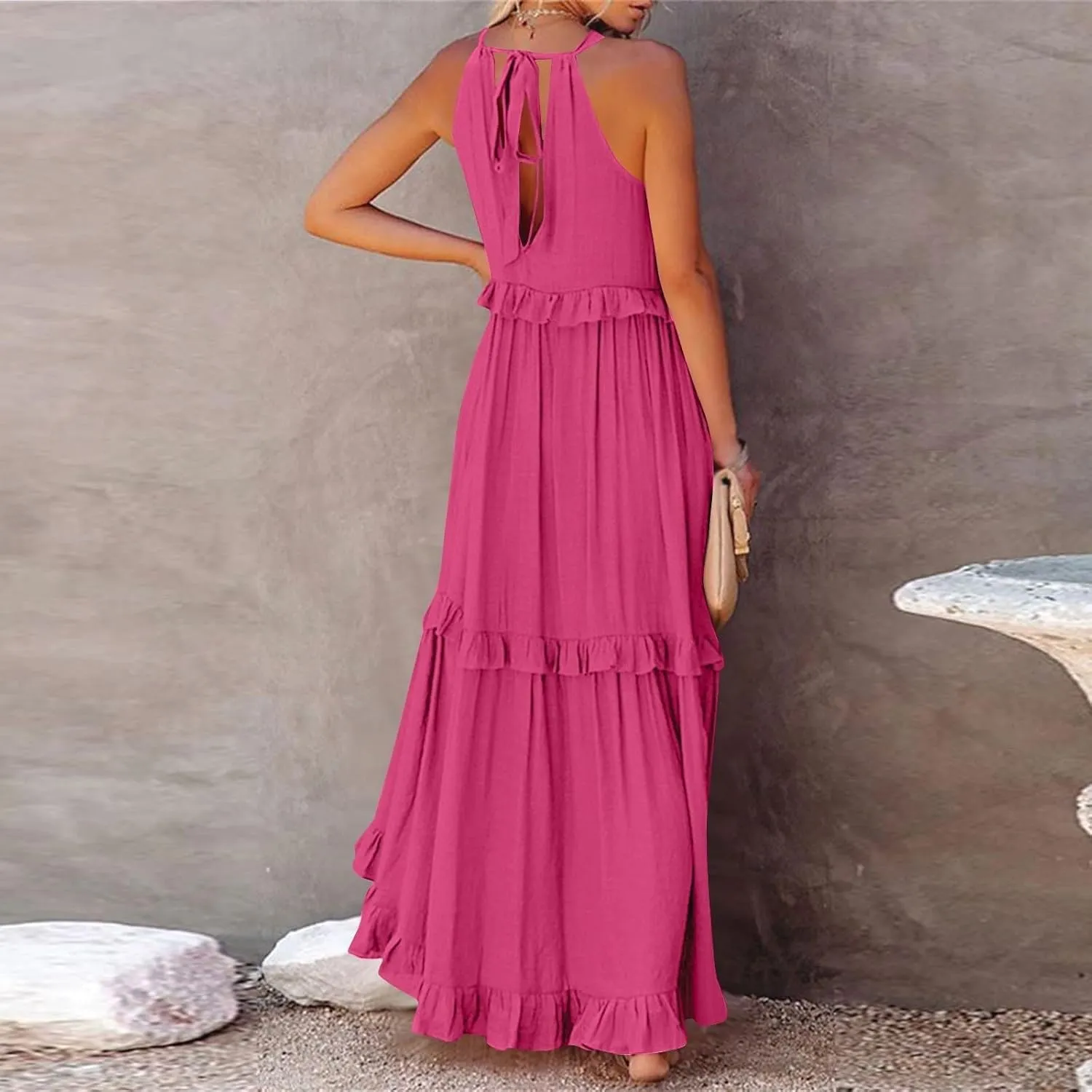 Women's Beach Vacation Clothes Summer Casual Loose Trendy Sleeveless Solid Color Flowy Maxi Sun Dress Plus Size, S-2XL